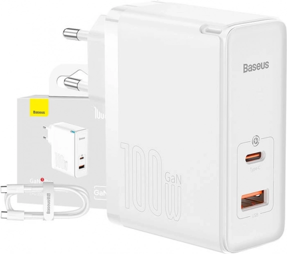 Baseus GaN5 Pro 100W charger with USB‑C and USB + 1 m cable, white