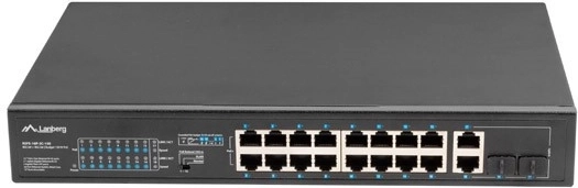 Nem kezelt PoE+ switch 16× Fast Ethernet 2× Combo Gigabit uplinkkel, 19" rack, 150 W