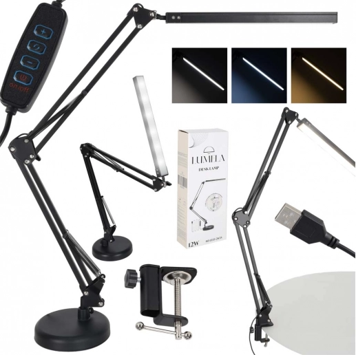 Desk LED lamp with adjustable arm and USB, 2 mounting options