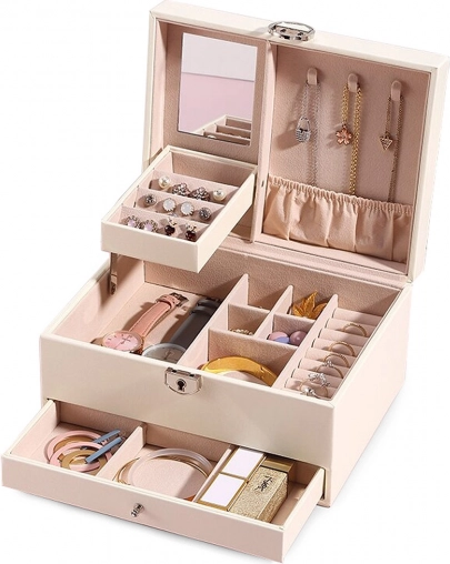 Spacious eco-leather jewelry box with mirror and drawer