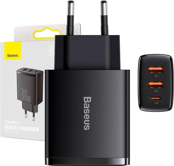 Baseus Compact 30 W vægoplader med USB‑C PD og 2× USB