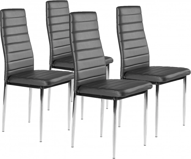 Set di 4 sedie da pranzo in ecopelle, grigie, gambe cromate