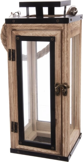 Mała beżowa latarnia z drewna i metalu 13 × 13 × 32 cm
