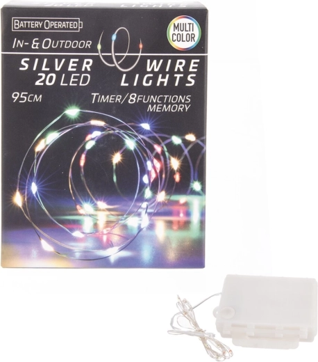 LED-lichtsnoer op draad met timer, 20 LED's, multicolor, in/out