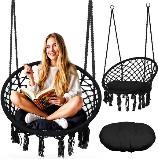 Poltrona sospesa boho nera con cuscino