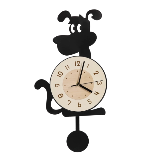 Hanging wall clock Dog with pendulum, black & white, 37 cm