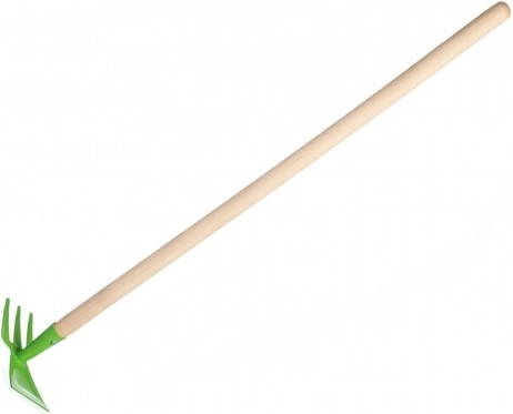 Green double-sided hoe with wooden handle for children