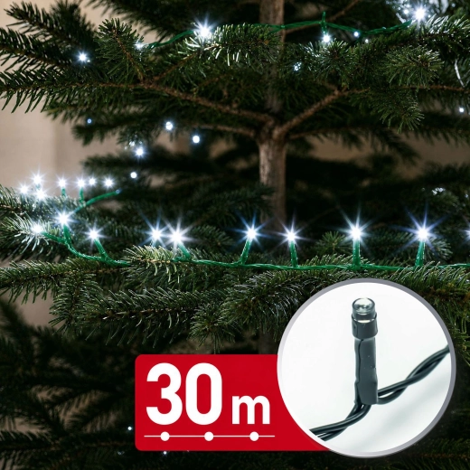 LED string light 30 m, 600 cool white LEDs with green cable