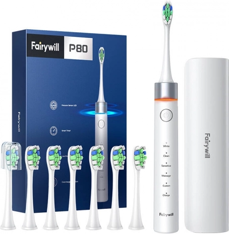 FairyWill Sonic Toothbrush with Pressure Sensor, 5 Modes and Case – White