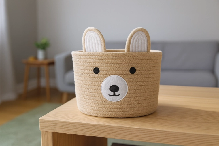 Textil tárolókosár mackó motívummal 25 × 20 cm, bézs