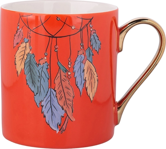 Exotic mug 300 ml with a gold handle – feather motif, orange