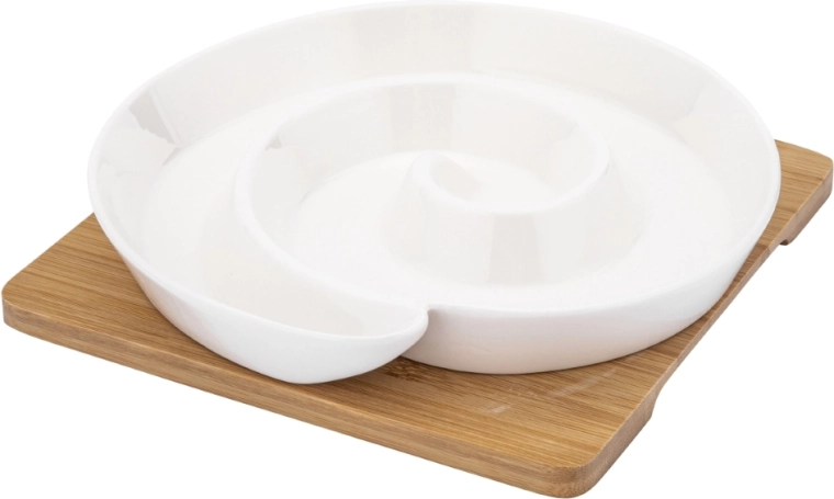 Bol de service compartimenté en porcelaine avec support en bambou, crème