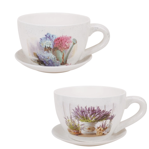 White ceramic flower pot in the shape of a cup, assorted patterns
