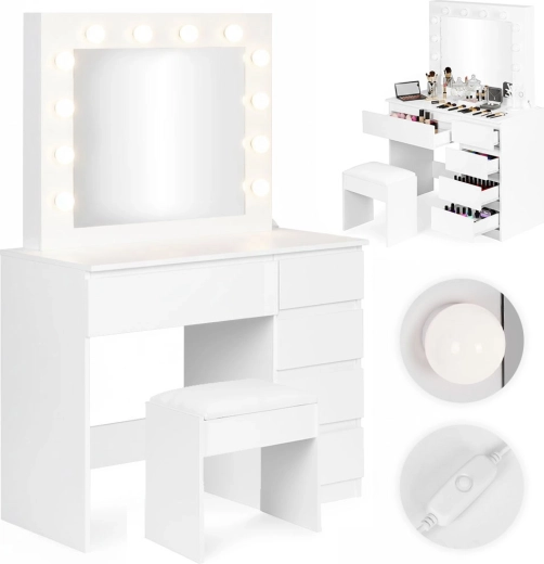 ModernHome tavolo da toilette cosmetico con specchio e illuminazione LED, 5 cassetti e sgabello