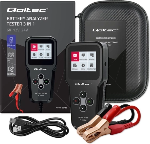 Digital 3-in-1 car battery tester with LCD for 6 V, 12 V and 24 V, 30–200 Ah