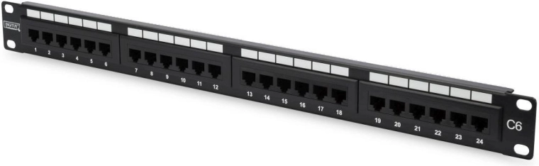 Patch panel 19" 24 portov, kategória 6, U/UTP, 1U s podporou kábla, čierny