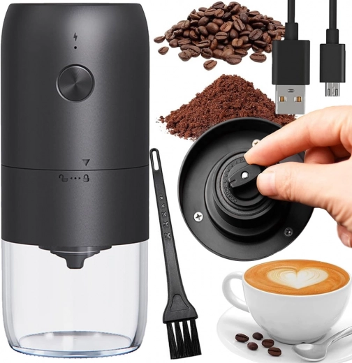 Electric travel coffee grinder with adjustable grind and USB-C
