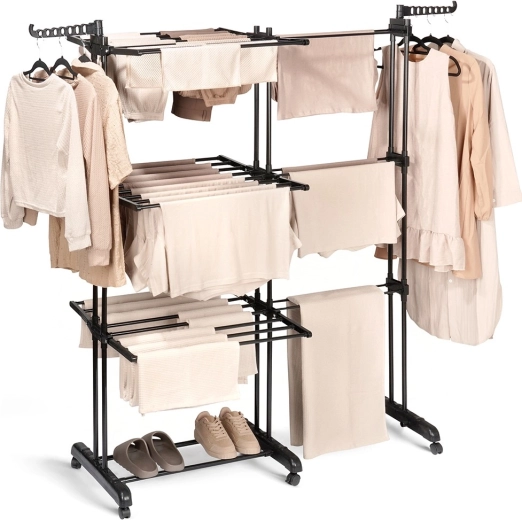 Metal clothes drying rack black, telescopic, 3 tiers, on wheels 78–130 × 64 × 172 cm