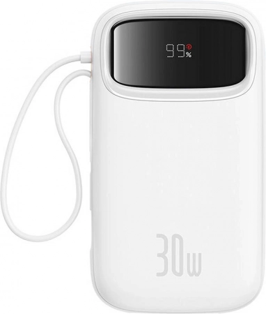 Baseus QPow 2 Power Bank 20000 mAh 30 W with integrated USB‑C cable, 2× USB‑C, white