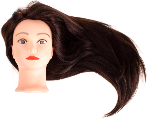 Hairdressing training head with brown hair