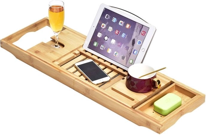 Adjustable Bamboo Bath Shelf with Tablet Holder and Wine Glass Slot