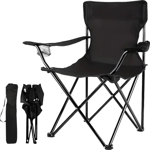 Folding camping chair with drink holder and carry bag
