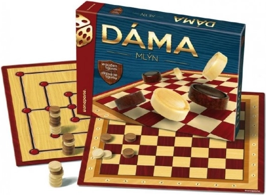 Checkers and Mill wooden pieces board game