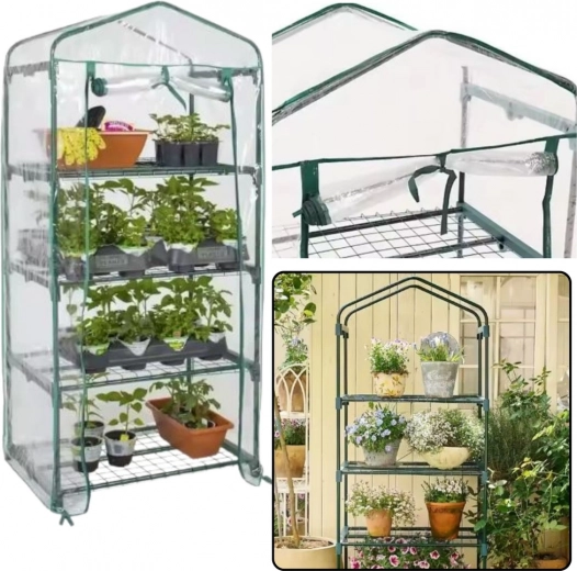 Mini rastlinjak za balkon/vrt, 4 police, kovinski, PVC folija 69 x 49 x 157 cm