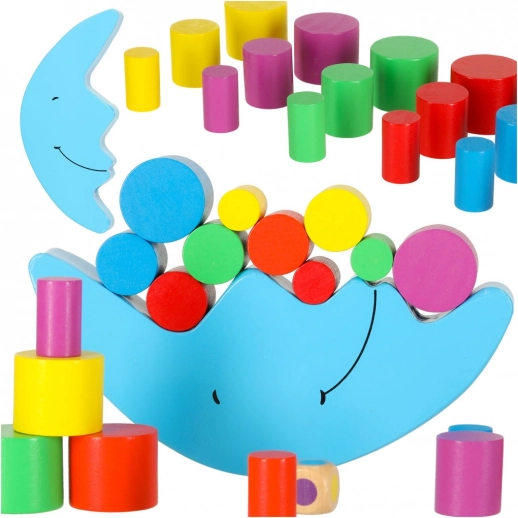 Montessori balancing game wooden moon with dice and colorful blocks