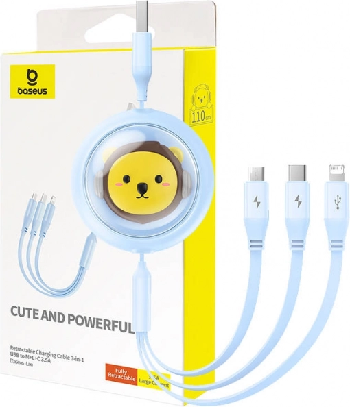 Vytahovací nabíjecí kabel 3v1 BASEUS USB na USB‑C, micro USB a Lightning 3,5 A, 1,1 m – modrý