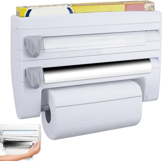 Wall-mounted 4-in-1 kitchen organizer for wraps and paper towels with shelf