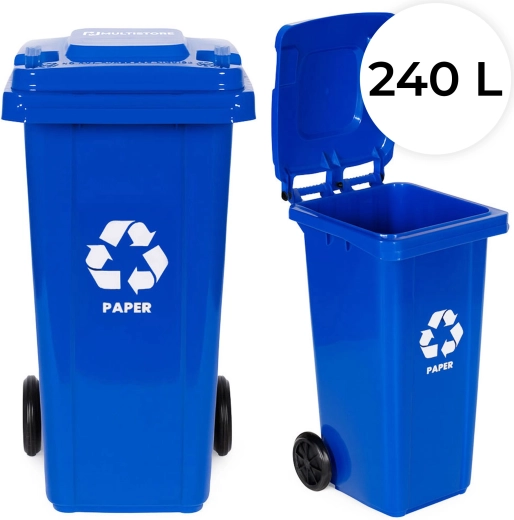 Poubelle bleue pour papier 240 l avec roues en caoutchouc