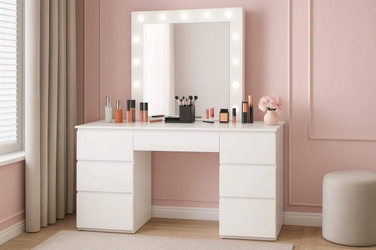 White Vanity Table with LED Mirror and 7 Drawers
