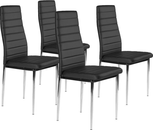 Set di 4 sedie da pranzo in ecopelle, nere, gambe cromate