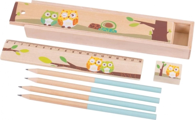 Wooden pencil case with owls Bigjigs Toys – blue