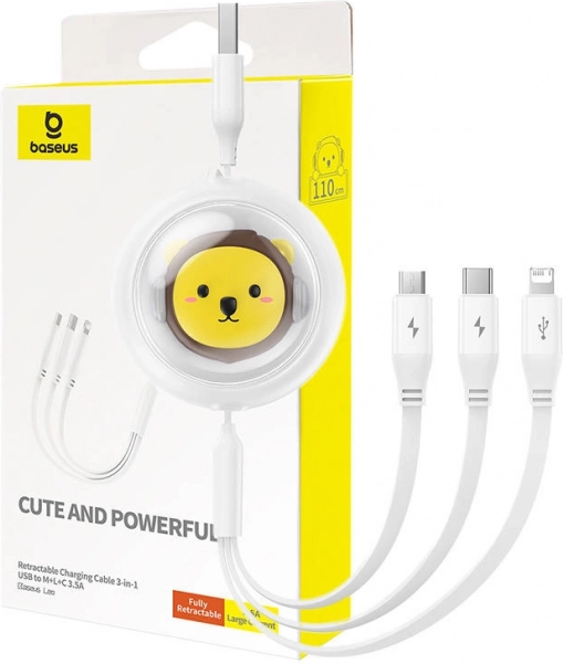 Zatahovací nabíjecí kabel 3v1 BASEUS USB na USB‑C, Micro USB a Lightning 3,5 A, 1,1 m – bílý
