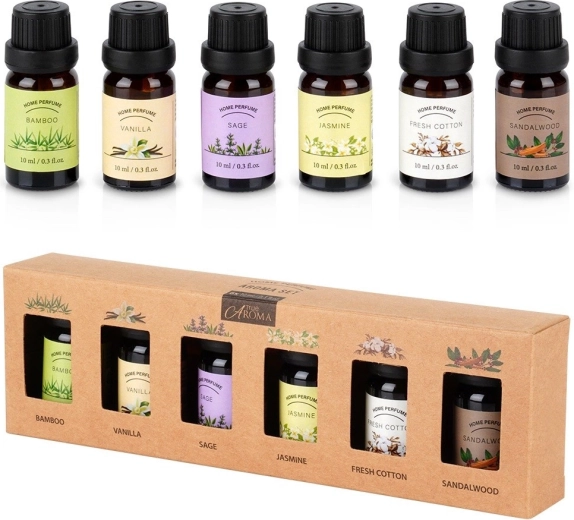 Cadeauset etherische oliën 6×10 ml – bamboe, vanille, salie, jasmijn, fresh cotton, sandelhout