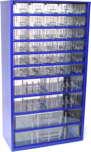 Metal drawer cabinet TOKOZ, 30 small, 4 medium and 2 large drawers, 30.5 × 55 × 15.5 cm, blue