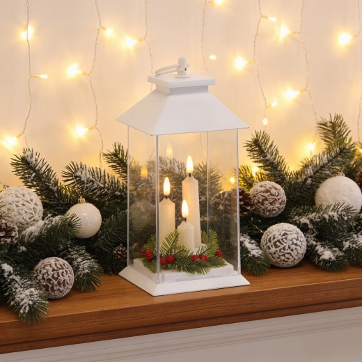 White LED Lantern with Three Candles and Timer, 14 × 14 × 27 cm