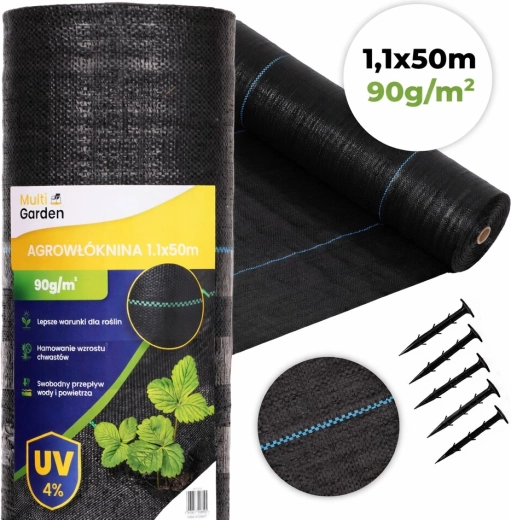 UV-resistant weed control fabric 90 g/m², 1.1 × 50 m with pegs, MultiGarden