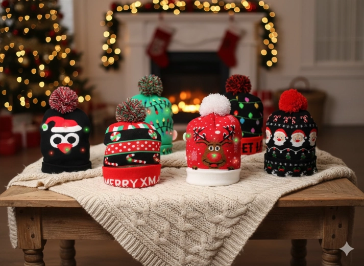 Christmas winter beanie with LED, mixed patterns (set of 8)