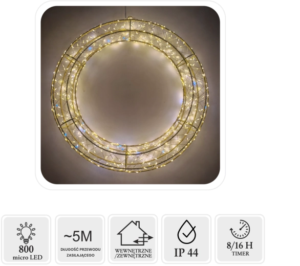 Karácsonyi LED koszorú 50 cm, 800 micro LED meleg fehér + hideg flash - 1 db