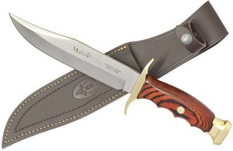 Muela BW-18 vadászkés 18 cm MoVa acél pengével, korall Pakka fa, sárgaréz, bőrtok