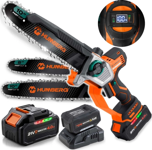 Humberg cordless mini chainsaw 21 V 4.0 Ah with 8" and 10" guide bars