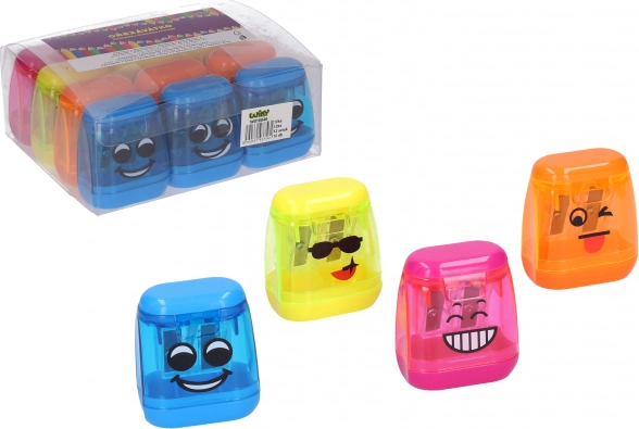 Double-hole pencil sharpener with shavings container – smiley, transparent