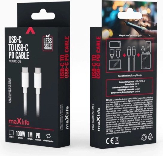 Maxlife MXUC-05 USB-C naar USB-C kabel 1 m 100 W wit