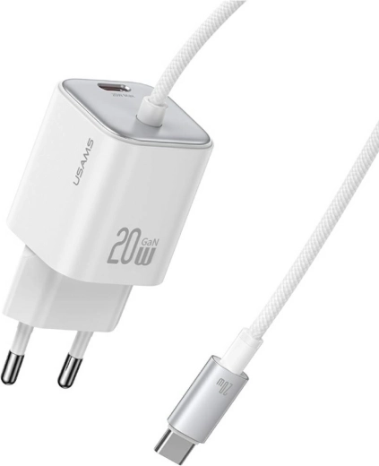 USAMS JC series 20 w gan mini nabíječka 2× usb-c s integrovaným usb-c kabelem bílá