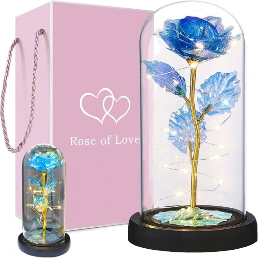Eternal Rose in a Glass Dome with LED Lighting – Blue Decorative Lamp and Gift Arrangement