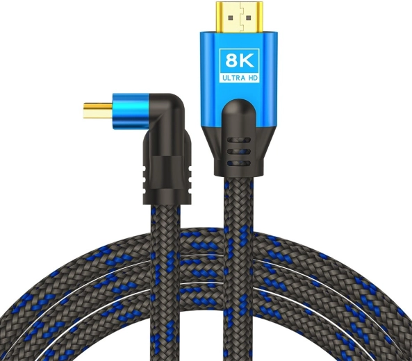 Câble HDMI v2.1 coudé 1,8 m 8K Ethernet connecteurs plaqués or 24k bleu-noir