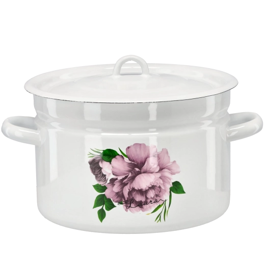 Geëmailleerde pan 9 l, 26 cm, wit met Pioenroos Laura motief